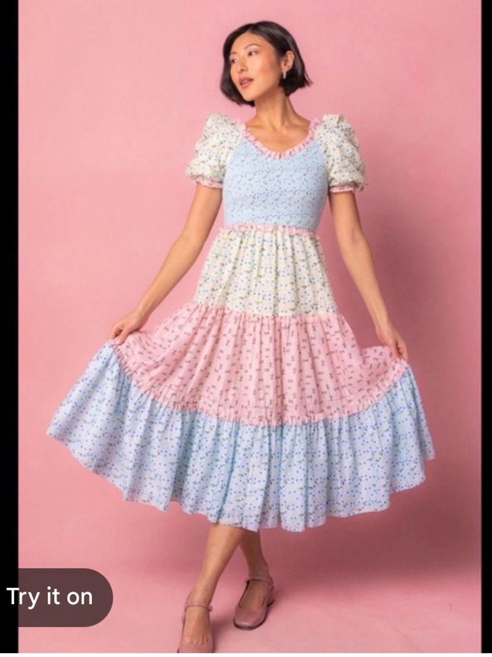 Ivy City Co Pastel Floral Tiered Midi Dress — Blue, Pink, Cream